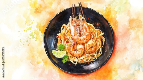 Watercolor of Thai Fried Noodles,Pad Thai with shrimp and vegetables,Thai Food,Pad Thai popular street food,Original thai food with prawn in Pad Thai,Thailand popuplar cuisine,menu for restaurant. photo