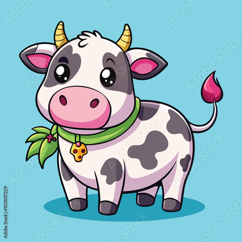  Cute Plump Cow with Bell - Cartoon Illustration