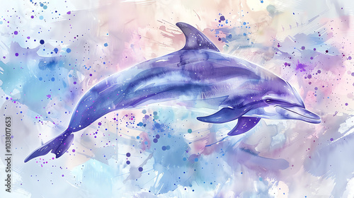 A stylized watercolor painting of a dolphin and a baby dolphin, in shades of blue and purple, with splashes of color.

 photo