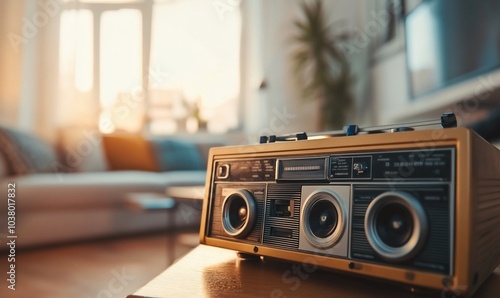 Wallpaper Mural Vintage boombox on a wooden table in a living room with a couch and windows in the background. Torontodigital.ca