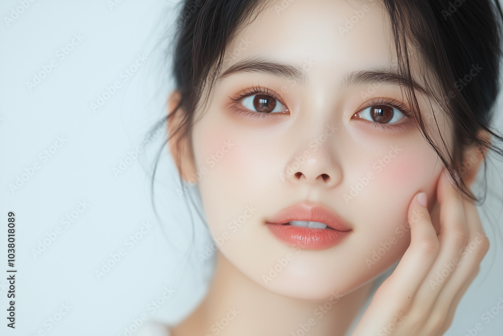 頬に手を当てる日本人女性の顔のアップ