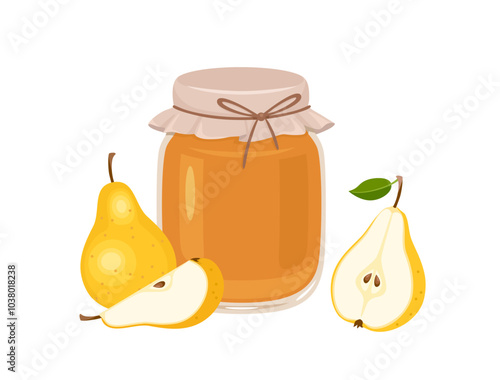 Pear jam in glass jar and fresh fruits. Vector cartoon flat illustration of organic sweets. Healthy food icon.