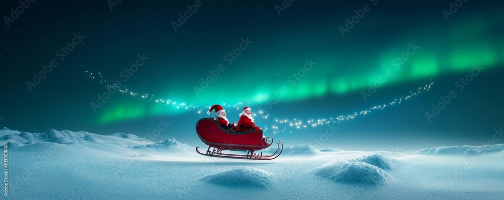 Santa flying his sleigh under the Northern Lights, North Pole magic lighting up the sky Santa flying his sleigh under the Northern Lights, North Pole magic lighting up the sky