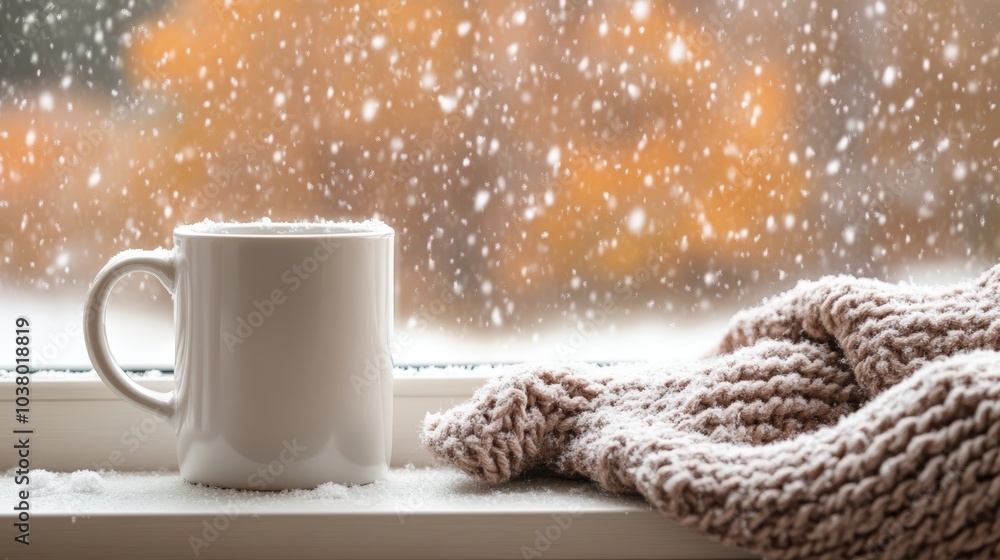 Cozy Winter Scene With Hot Drink And Blanket By Snowy Window
