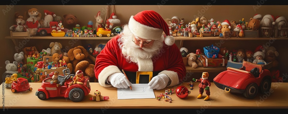 Naklejka premium Santa in a workshop filled with toys, checking his list for the big night
