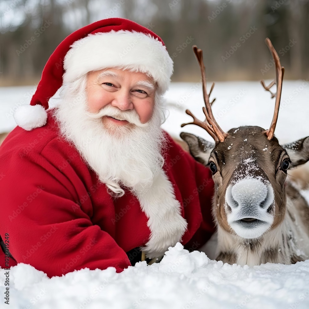 Santa playing with his reindeer in the snowy fields of the North Pole, joyful winter moment Santa playing with his reindeer in the snowy fields of the North Pole, joyful winter moment
