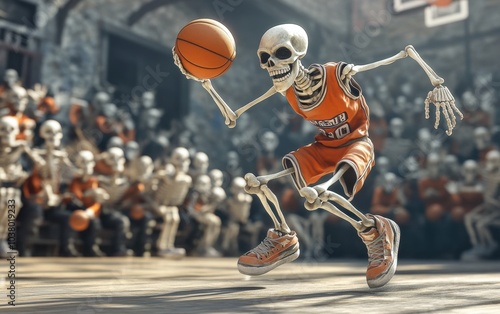 Skeleton Playing Basketball. A 3D skeleton shooting a basketball on a court, wearing a jersey and sneakers, with a dynamic pose and cheering skeleton spectators in the background. photo