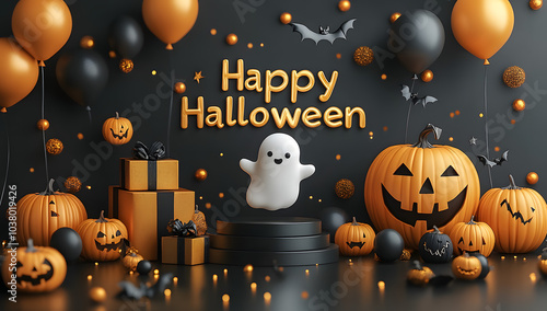 3D Rendering of the Text “Happy Halloween” with a Black Cat, Pumpkins, and Spooky Decorations, Creating a Festive Atmosphere for the Holiday Season with Playful and Eerie Vibes.
