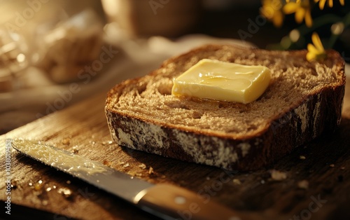 A close-up of a slice of bread awaiting a generous spread of butter, with a knife positioned nearby