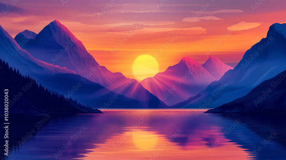 Vibrant Sunset Over Serene Mountain Lake with Colorful Sky and Reflections on Water Vibrant Sunset Over Serene Mountain Lake with Colorful Sky and Reflections on Water
