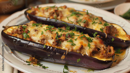 Two baked eggplants, filled with meat and cheese, on a plate.