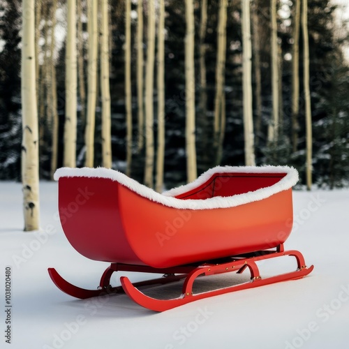 Santa s sleigh parked in a snowy forest at the North Pole, ready for Christmas Eve photo