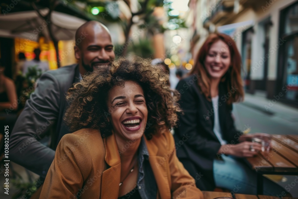 Group of friends having fun in a street cafe. Cheerful afro american woman and caucasian man enjoying their time together. Group of friends having fun in a street cafe. Cheerful afro american woman and caucasian man enjoying their time together.