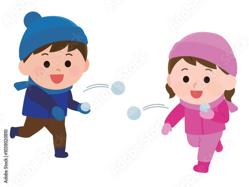 雪合戦をする男の子と女の子　イラスト