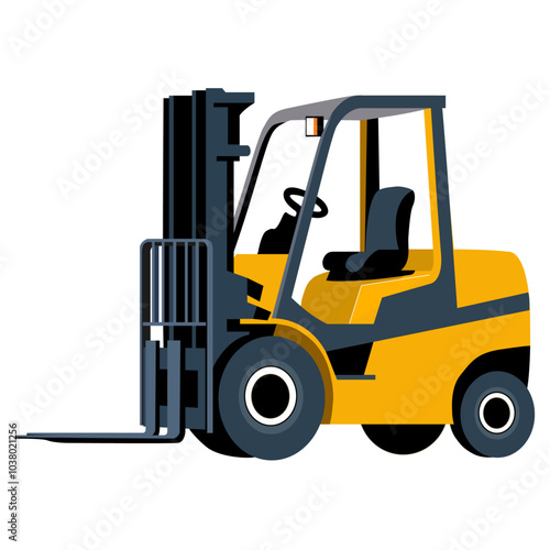 Yellow forklift truck for warehouse or industrial use in flat vector design