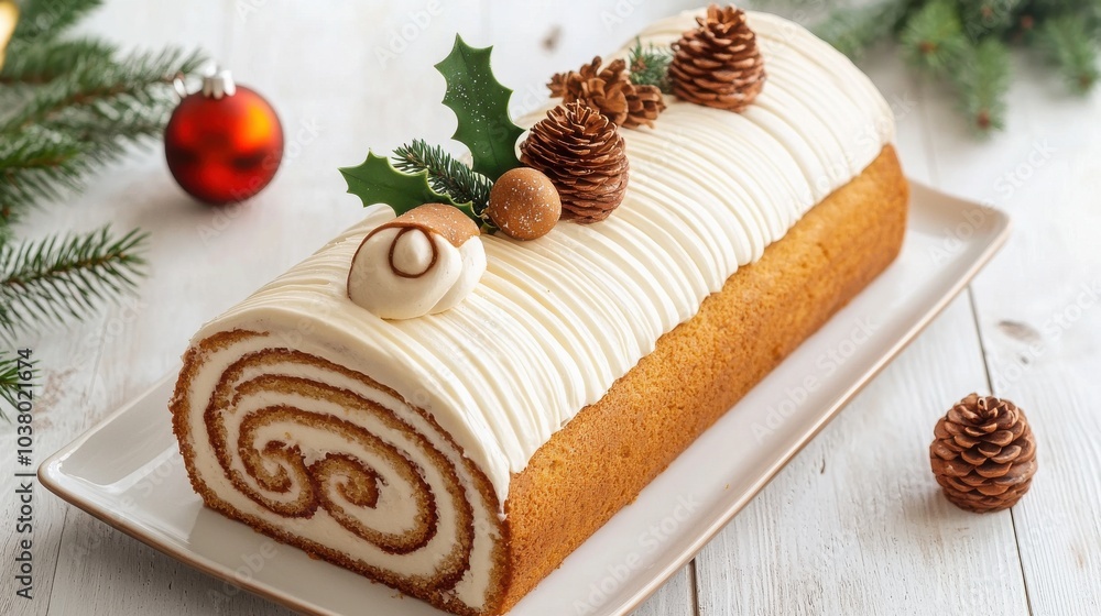 Delicious Christmas Yule log cake decorated with pine cones and holly, placed elegantly on a wooden table with festive ornaments. Delicious Christmas Yule log cake decorated with pine cones and holly, placed elegantly on a wooden table with festive ornaments.