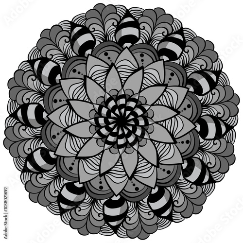 Gray mandala with fantasy volumetric zen patterns, fantasy flower for logo or design