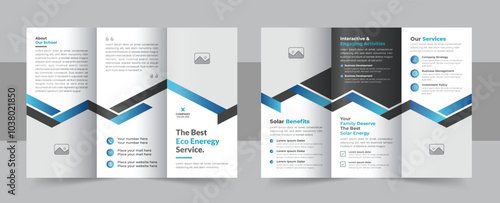 Solar energy trifold brochure template design layout, eco energy tri fold brochure folder leaflet