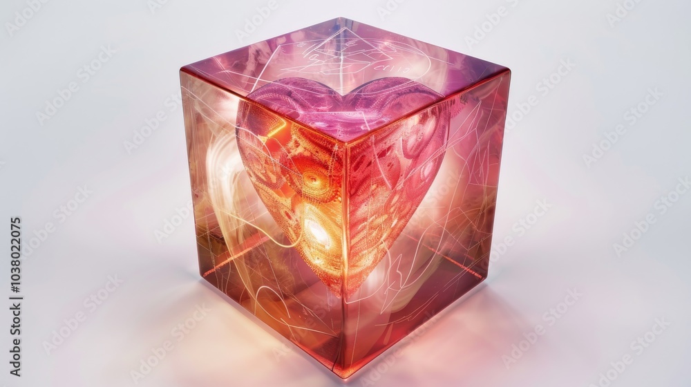 a luminous heart encased in a transparent cube, intricately connected with delicate clockwork mechanisms a luminous heart encased in a transparent cube, intricately connected with delicate clockwork mechanisms