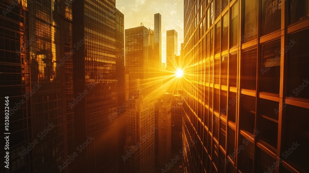 Obraz premium A sunset view between skyscrapers with rays of light illuminating the cityscape.