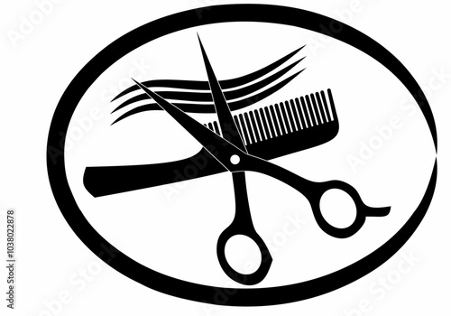 The logo features a sleek design of scissors, a comb and hair arranged in a circular enzo pattern. icon  for cosmetology, make-up and hair art. white background