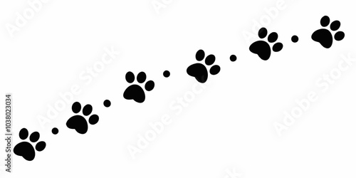 Black cat paw prints in the shape of an arrow on a white background. Paw vector foot trail print of cat. Dog, puppy silhouette animal diagonal tracks for t-shirts, backgrounds, patterns, websites. 