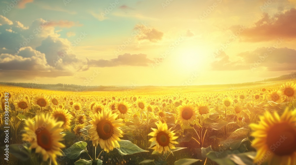 Obraz premium A vibrant sunflower field under a golden sunset, showcasing nature's beauty and tranquility.