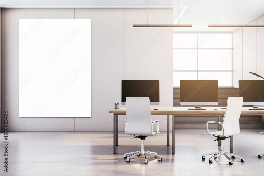 Modern office interior with empty desks and computers. 3D Rendering Modern office interior with empty desks and computers. 3D Rendering