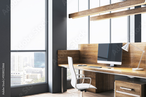 Modern office interior with a wooden desk, computer, and large windows overlooking a cityscape. 3D Rendering photo