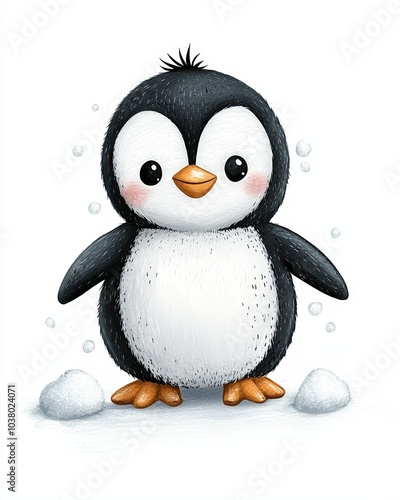 Cute cartoon penguin with snowflakes photo