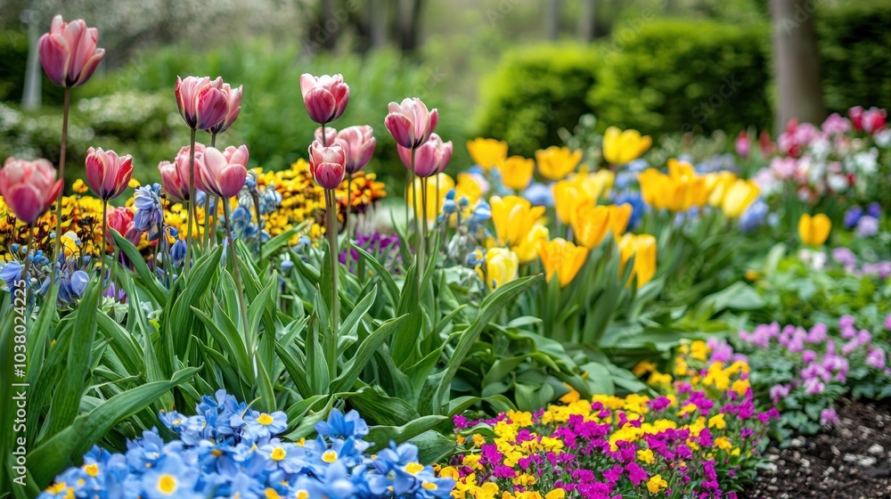 Springtime garden with a variety of blooming flowers creating a colorful and fresh scene Springtime garden with a variety of blooming flowers creating a colorful and fresh scene