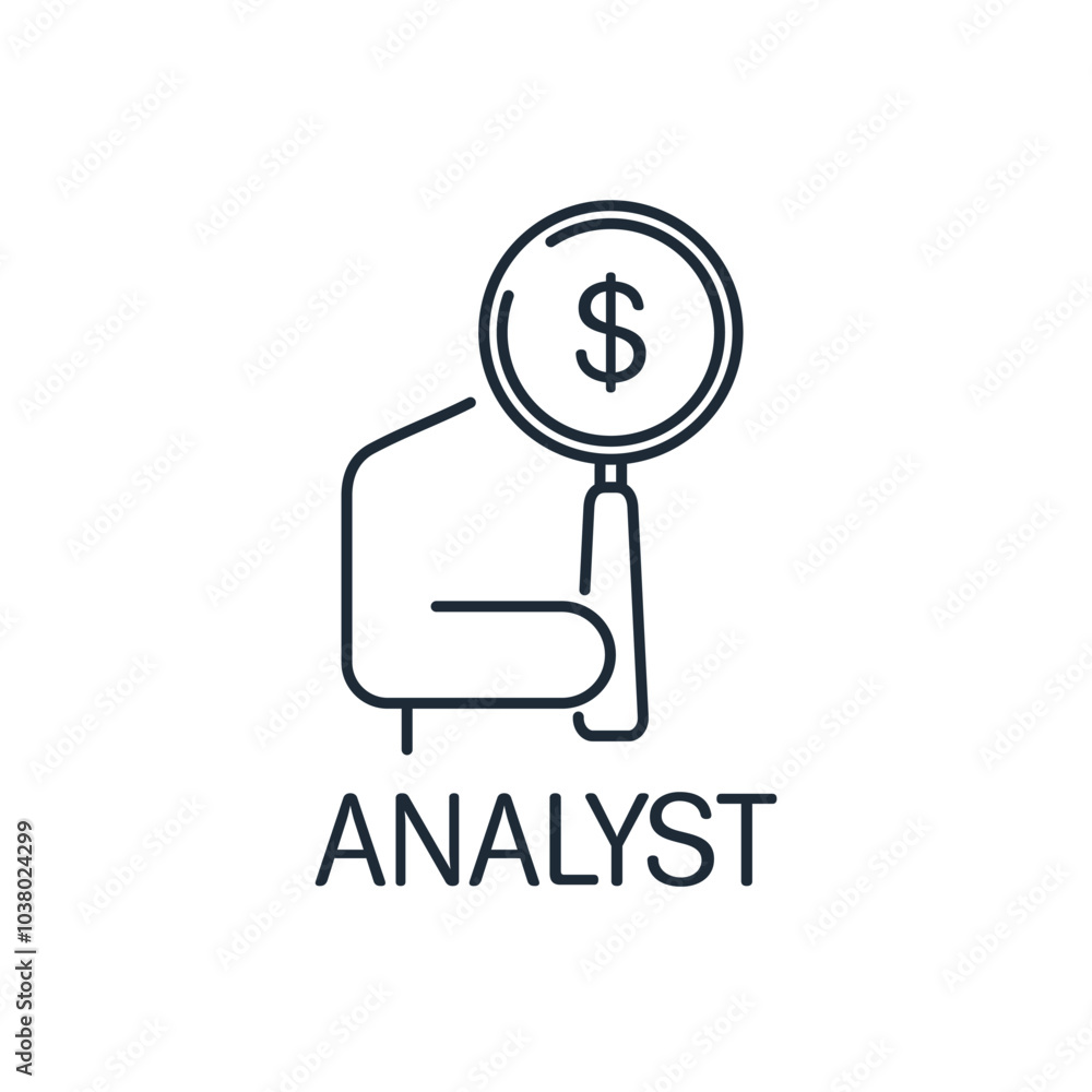 Man holding magnifying glass with dollar. Financial business analyst. Trading specialist. Vector linear icon isolated on white background. Man holding magnifying glass with dollar. Financial business analyst. Trading specialist. Vector linear icon isolated on white background.