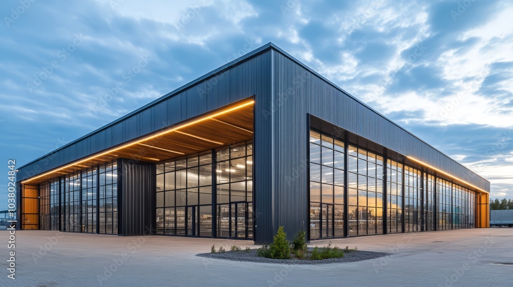 Modern Industrial Building at Dusk Modern Industrial Building at Dusk
