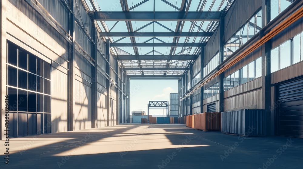 Industrial Warehouse Interior: A vast, empty warehouse space with a steel frame and glass windows. Sunlight streams through the windows, casting long shadows on the concrete floor. Industrial Warehouse Interior: A vast, empty warehouse space with a steel frame and glass windows. Sunlight streams through the windows, casting long shadows on the concrete floor.