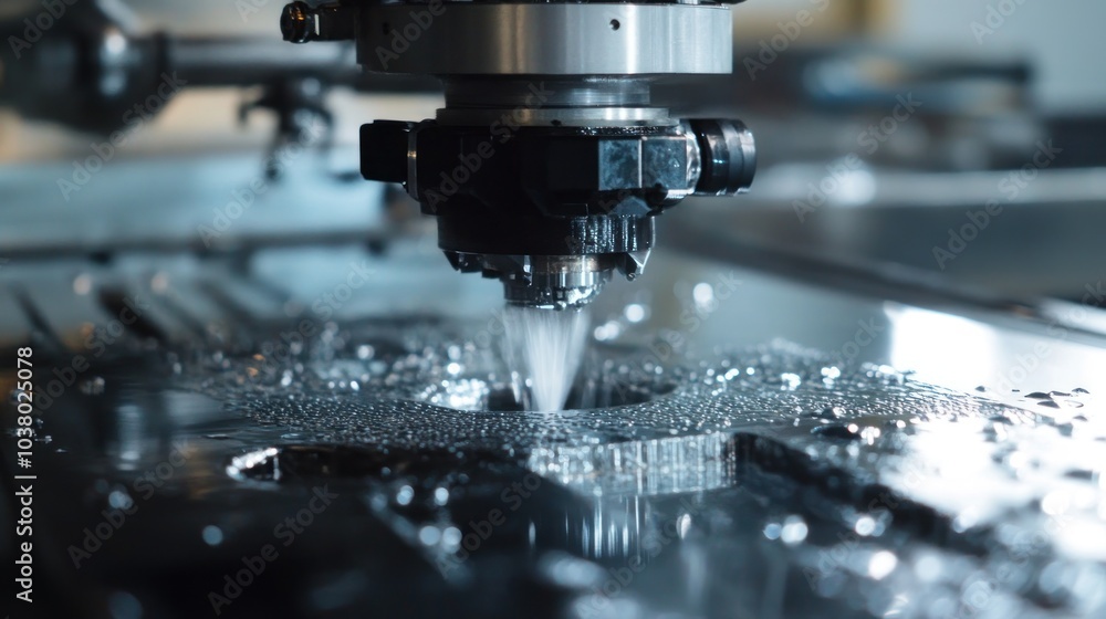 A close-up of a CNC machine cutting metal with coolant spray for precision machining. A close-up of a CNC machine cutting metal with coolant spray for precision machining.