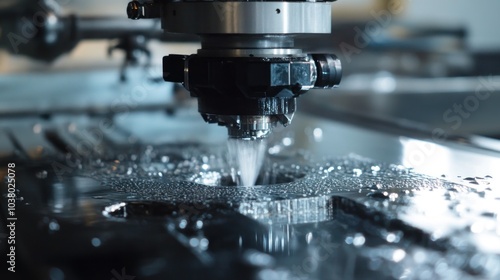 A close-up of a CNC machine cutting metal with coolant spray for precision machining.