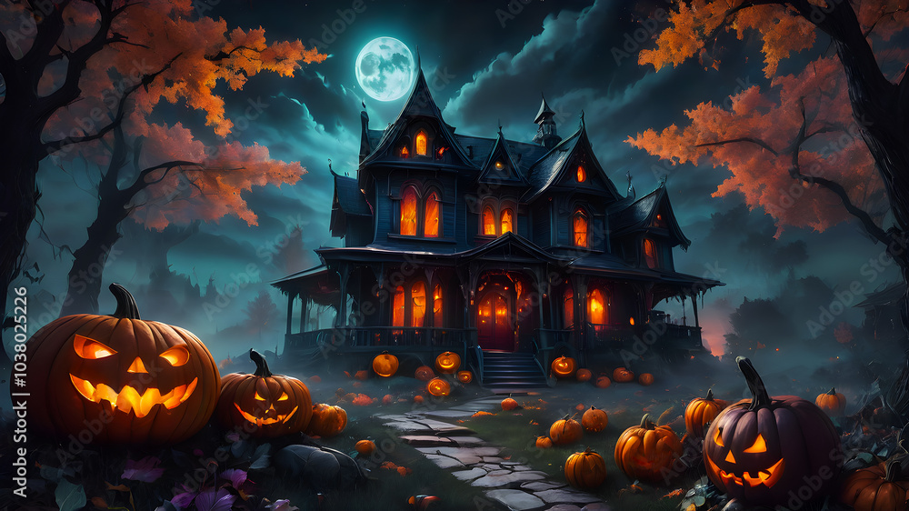 Happy Halloween, trees, castle, pumpkins, bats, ghost banner design on dark moonlit night background Happy Halloween, trees, castle, pumpkins, bats, ghost banner design on dark moonlit night background