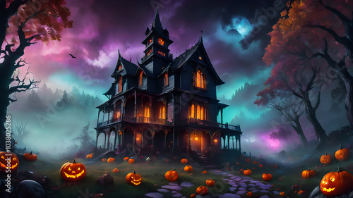 Happy Halloween, trees, castle, pumpkins, bats, ghost banner design on dark moonlit night background