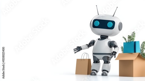 Friendly robot with shopping items, white isolate background photo