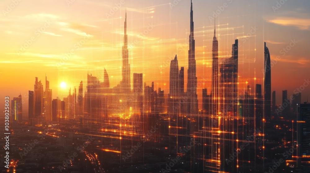 A futuristic skyline at sunset, showcasing tall buildings and a digital overlay effect. A futuristic skyline at sunset, showcasing tall buildings and a digital overlay effect.