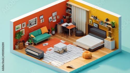 Wallpaper Mural A stylized interior scene featuring a living room and bedroom with modern furnishings. Torontodigital.ca