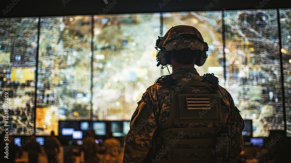 A soldier observes a high-tech command center with large screens displaying maps and data. A soldier observes a high-tech command center with large screens displaying maps and data.