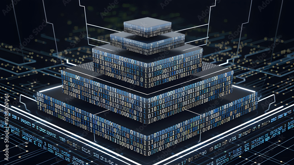 Fototapeta premium Abstract layers of binary code forming a pyramid of financial reports, symbolizing structured data-driven growth. ( Business Concept )