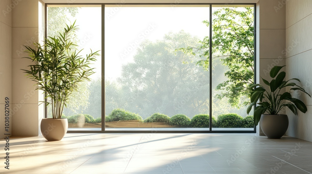 Fototapeta premium Bright interior with large windows showcasing greenery outside.