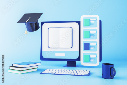 Fototapeta Naklejka Na Ścianę i Meble -  Online education concept with computer, books, and mug on blue background. 3D Rendering