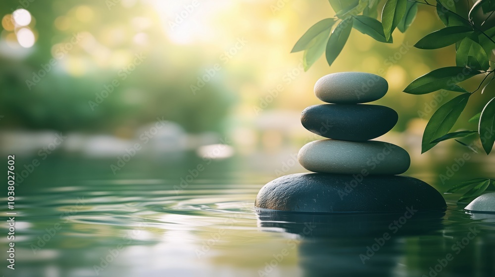Zen garden stones stacked in tranquil water, surrounded by greenery Zen garden stones stacked in tranquil water, surrounded by greenery