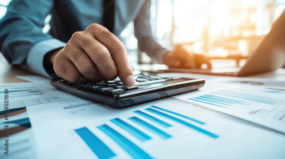 Businessman Calculating Finances at Office Desk with Reports and Laptop Businessman Calculating Finances at Office Desk with Reports and Laptop