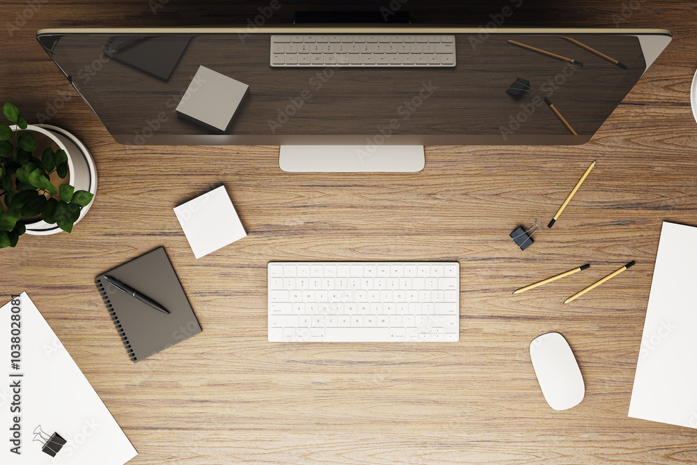 Top view on modern computer monitor on wooden table with white keyboard, office tools and green plant in flowerpot. 3D rendering Top view on modern computer monitor on wooden table with white keyboard, office tools and green plant in flowerpot. 3D rendering