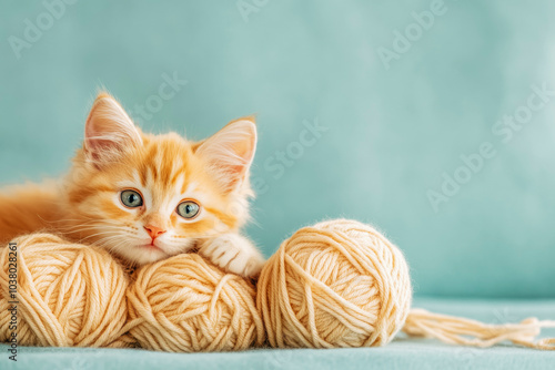 Adorable kitten playing with yarn balls - cozy and playful pet scene photo