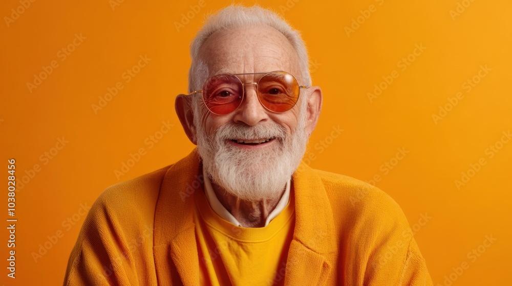 Elderly Man in Vibrant Orange Outfit Against Solid Color Background Smiling Warmly Elderly Man in Vibrant Orange Outfit Against Solid Color Background Smiling Warmly